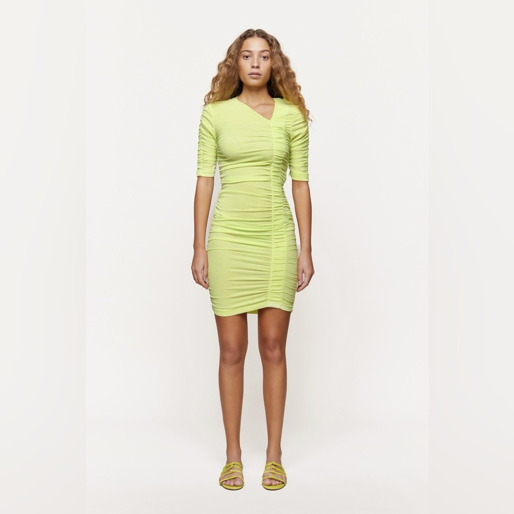 STINE GOYA Fina ruched lime green dress size XS short sleeve stripes
